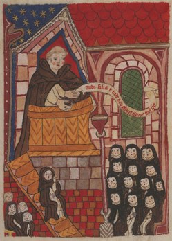 Johannes Meyer predigt vor Nonnen (Buch der Ersetzung).Bloomington, Lilly Library, University of Indiana, MS Ricketts 198, fol. 134v. 